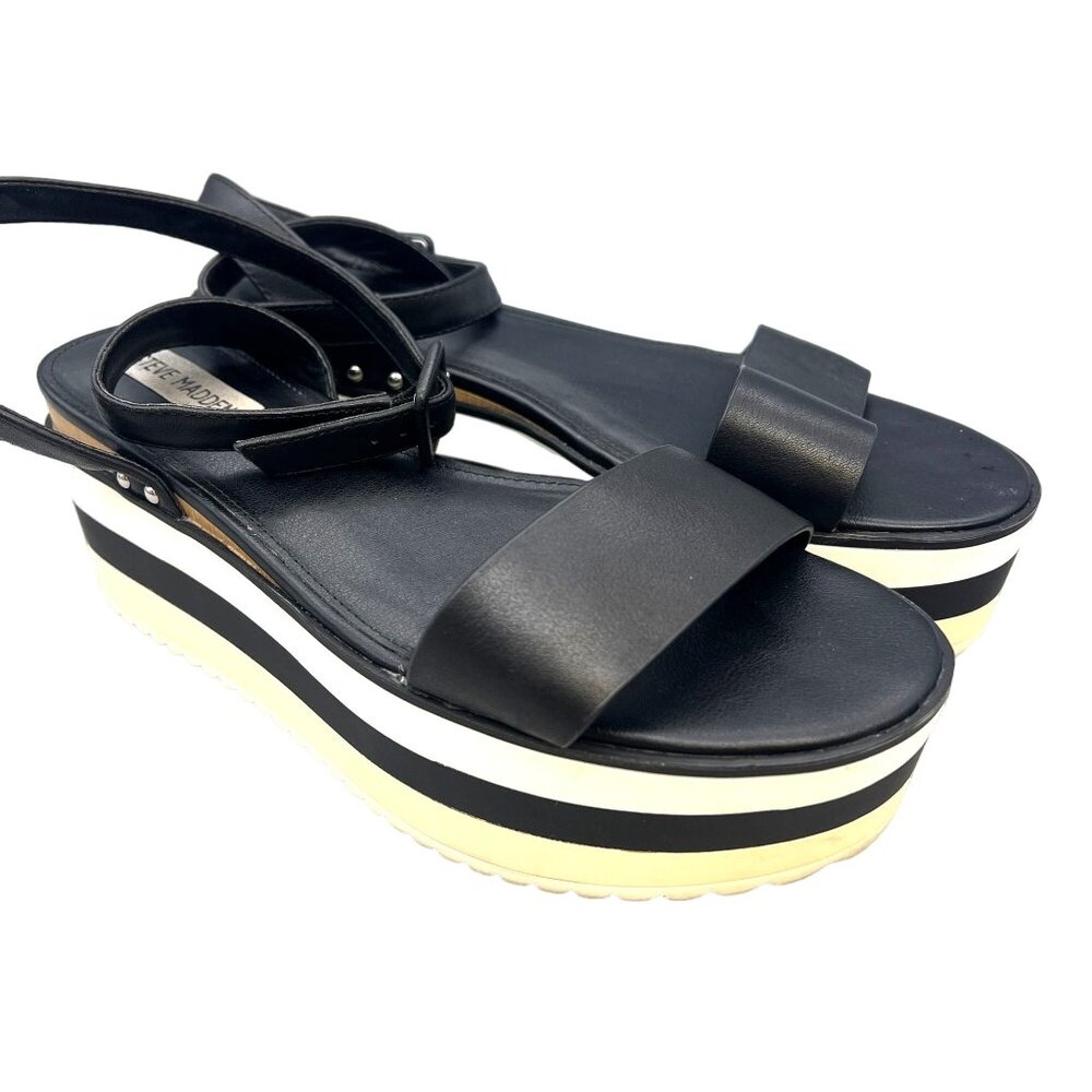 Steve Madden Black Platform Sandals Striped Sole Size 9.5 Straps Adjustable - Picture 4 of 11